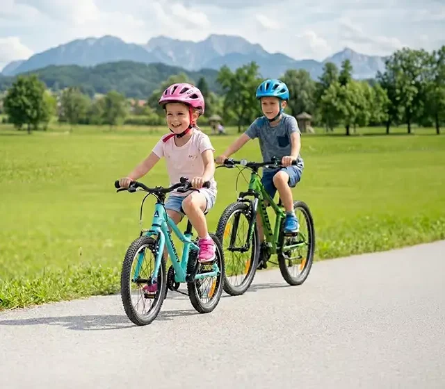 Otroka s čeladami na modrem Academy in zelenem Ghost otroškem kolesu na poti v naravi.